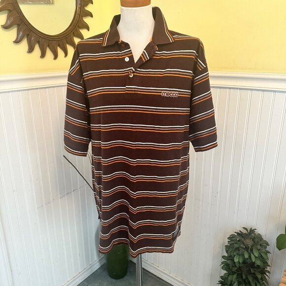 Mecca Vintage 90s Mens Polo Brown Orange striped Oversized shirt Large - Picture 1 of 7